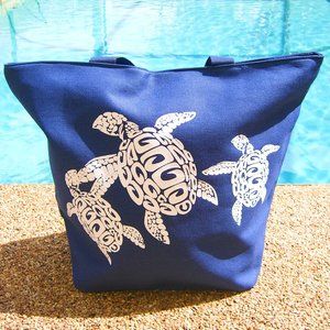 XL Tote Beach Bag Blue Sea Turtles Print Zipper Inside Pocket Square Bottom NEW